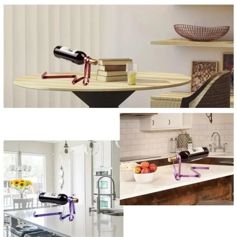 Porte-bouteille artistique ruban rouge, cadeau chic pour amateur de vin