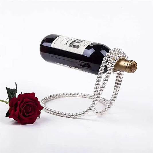 Porte-bouteille élégant en perles blanches, support flottant pour vin rouge