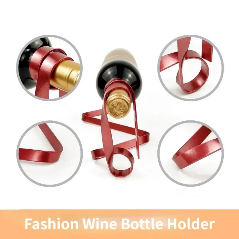 Porte-bouteille illusion d’optique avec ruban métallique rouge sur table en bois